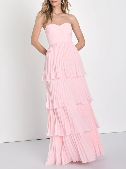 Light Pink Strapless Tiered Maxi Dress Wedding Guest Party Dresses