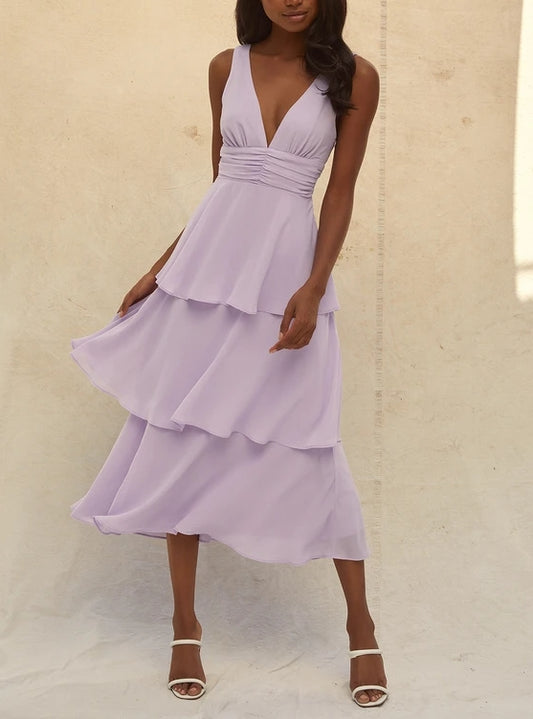 A-Line Lavender Sleeveless Deep V-Neck Tiered Midi Dress Wedding Guest Party Dresses