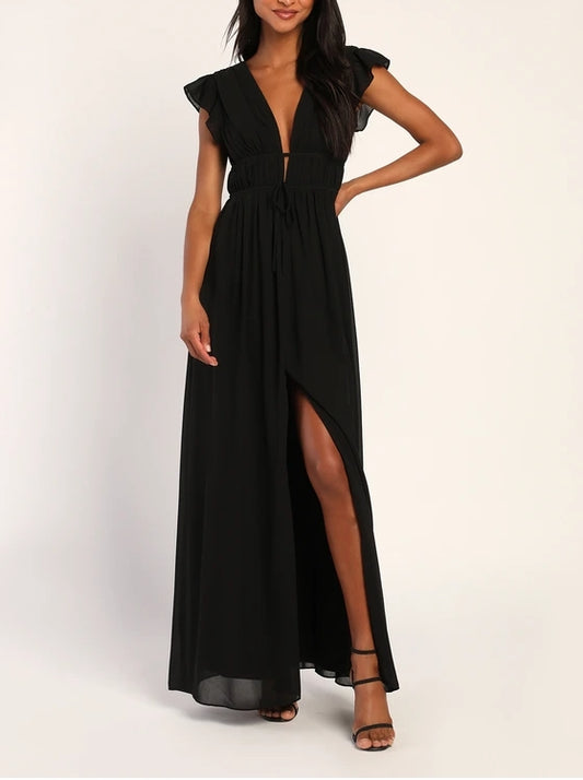 Black Ruffled Maxi Dress Chiffon A-Line Dresse Wedding Guest Dresses