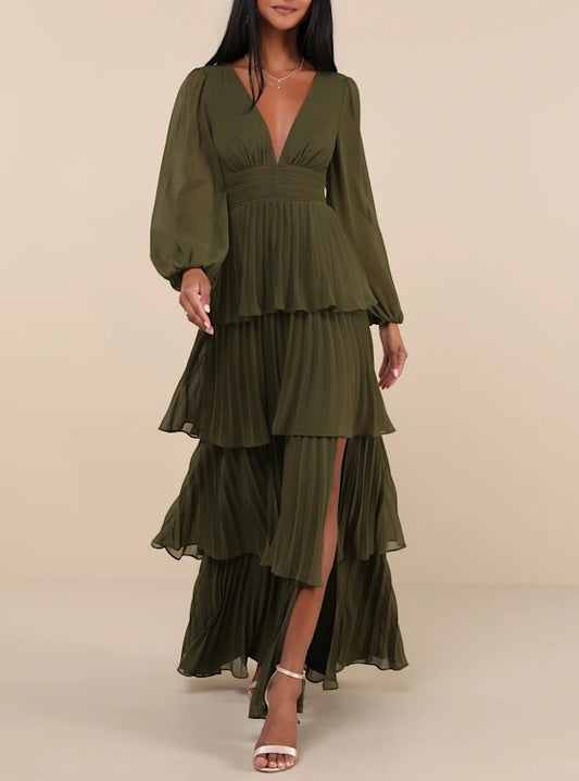 Olive Green Pleated Long Sleeve Maxi Dress Deep V-Neck A-Line Ruffle Tiered Wedding Guest Dresses