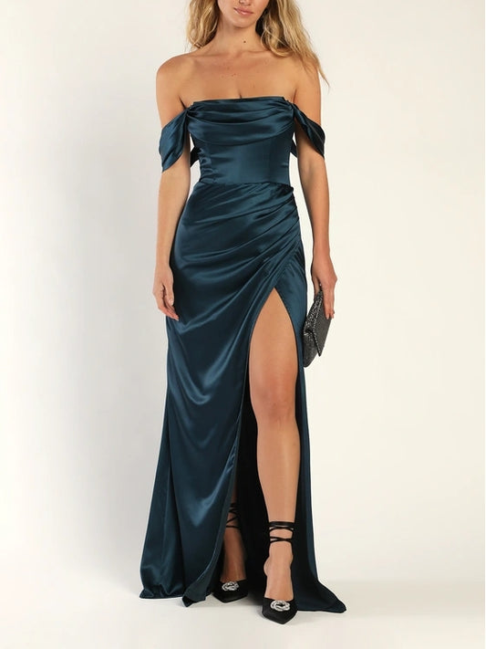 Dark Teal Satin Off-The-Shoulder Maxi Dress Wedding Guest Party Dresses