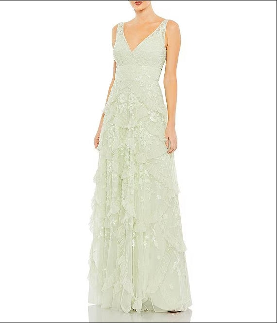 A-Line Sequin V-Neck Sleeveless Scallop Ruffle Tiered Gown Wedding Guest Party Dresses