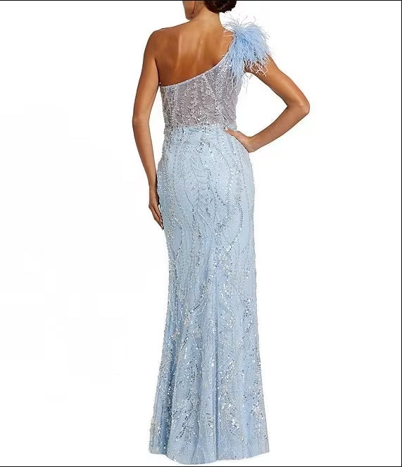 Feathered One Shoulder Embroidered Applique Gown Wedding Guest Party Dresses