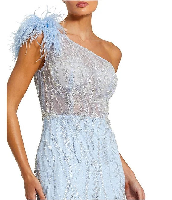 Feathered One Shoulder Embroidered Applique Gown Wedding Guest Party Dresses