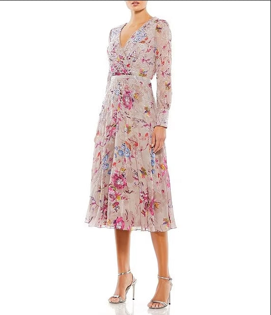 A-Line Floral Print V-Neck Long Sleeve Midi Dress Wedding Guest Party Dresses