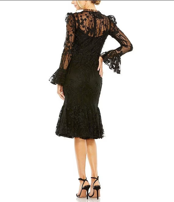 Lace Illusion Crew Neck Long Sleeve Midi Mermaid Wedding Guest Party Dresses