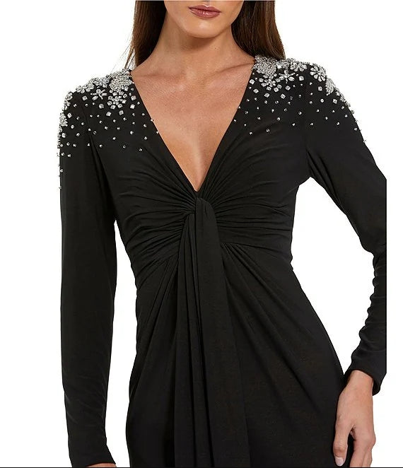 V-Neck Twist Front Beaded Shoulder Jersey Gown Wedding Guest Party Dresses