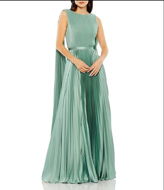 Pleated Boat Neck Sleeveless Open Drape Back Gown A-Line Wedding Guest Party Dresses