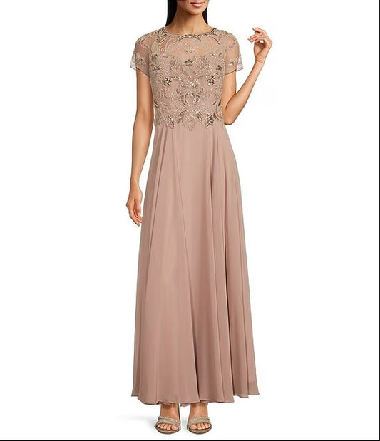 Beaded Bodice Round Neck Short Illusion Sleeve Chiffon Gown Wedding Guest Party Dresses