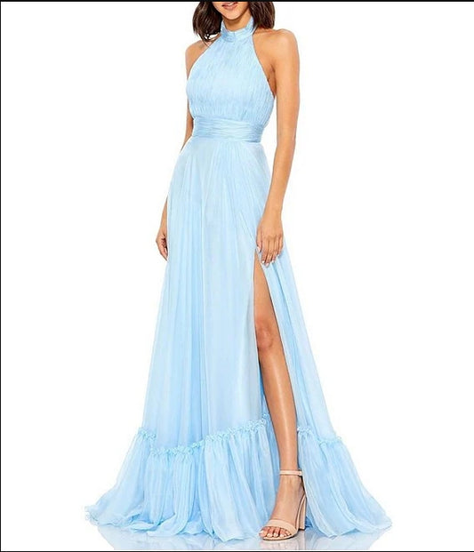 A-Line Princess Chiffon Mock Neckline Sleeveless Tiered Prom Dresses Wedding Guest Party Dresses