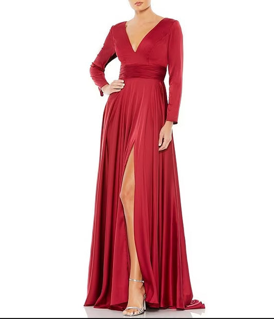 Deep V-Neck 3/4 Sleeve Satin A-Line Thigh High Slit Gown Formal Wedding Guest Party Dresses