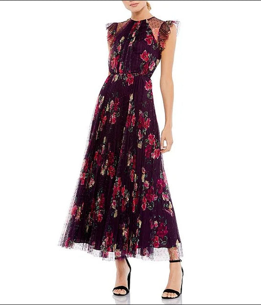 Ruffle Dot Lace Floral Print Midi Dress A-Line Princess Wedding Guest Party Dresses