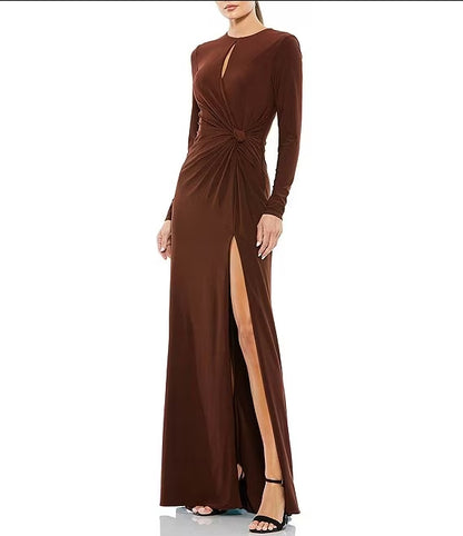 Long Sleeve Keyhole Crew Neck Knot Waist Gown Wedding Guest Party Dresses