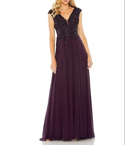 Beaded Applique Bodice V-Neck Sleeveless Long A-Line Gown Wedding Guest Party Dresses