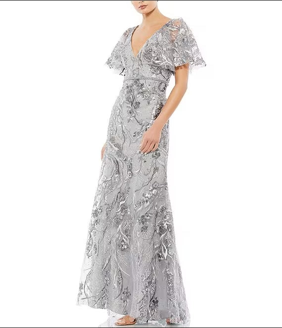 Embroidered Sequin V-Neck Short Illusion Flutter Sleeve Gown Wedding Guest Party Dresses