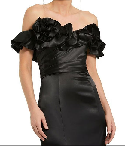 Satin Off The Shoulder Ruffle 3D Flower Flutter Sleeve Pleated Mermaid Gown Wedding Guest Party Dresses