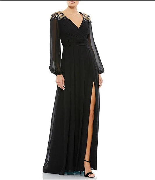 Long Sleeve Beaded Shoulder Thigh High Slit V-Neck Chiffon A-Line Gown Wedding Guest Party Dresses