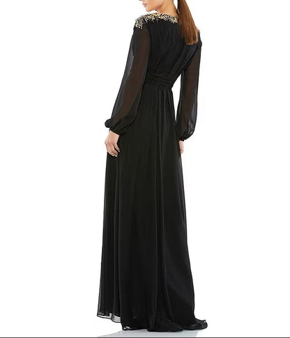 Long Sleeve Beaded Shoulder Thigh High Slit V-Neck Chiffon A-Line Gown Wedding Guest Party Dresses