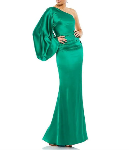 Satin Asymmetrical Neck Long Sleeve Sheath Gown Wedding Guest Party Dresses