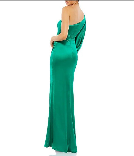 Satin Asymmetrical Neck Long Sleeve Sheath Gown Wedding Guest Party Dresses