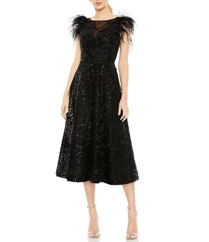 Sequin Embellished Illusion Boat Neck Feather Shoulder Sleeveless Dress Wedding Guest Party Dresses