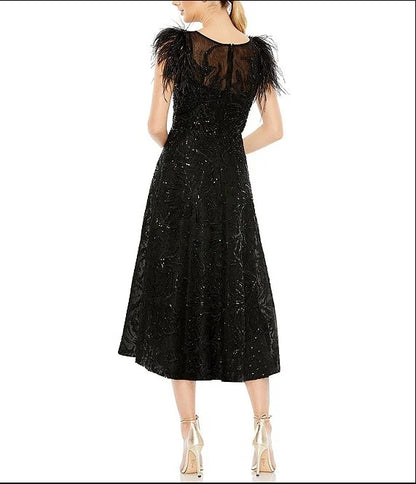 Sequin Embellished Illusion Boat Neck Feather Shoulder Sleeveless Dress Wedding Guest Party Dresses