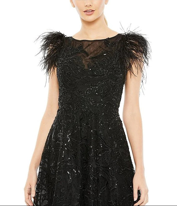 Sequin Embellished Illusion Boat Neck Feather Shoulder Sleeveless Dress Wedding Guest Party Dresses