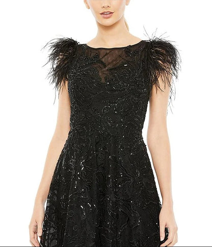 Sequin Embellished Illusion Boat Neck Feather Shoulder Sleeveless Dress Wedding Guest Party Dresses