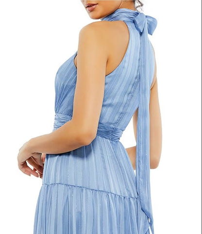 Halter Mock Neck Sleeveless Tie Back Tiered Dress Wedding Guest Party Dresses