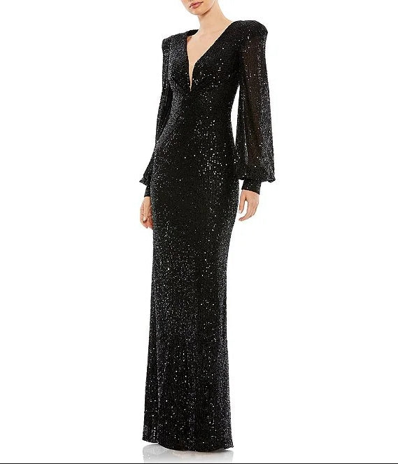 Deep V-Neck Long Sleeves Sequined Gown Wedding Guest Party Dresses