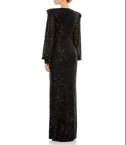 Deep V-Neck Long Sleeves Sequined Gown Wedding Guest Party Dresses