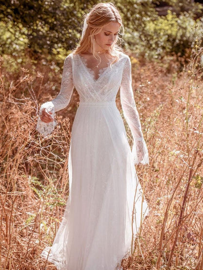 Boho Wedding Dress Lace A-Line With Train Backless Long Sleeves V-Neck White Bridal Dresses