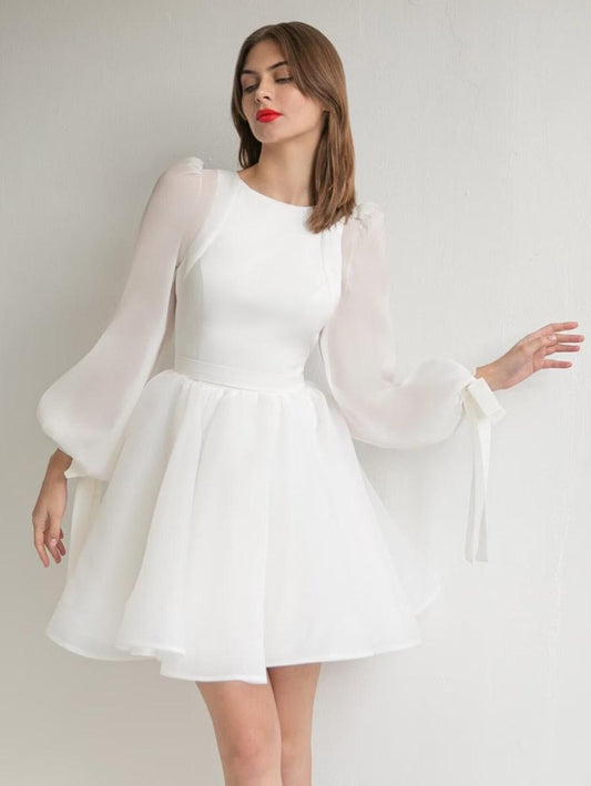 Cute A-Line Short Wedding Dresses Short Jewel Neck Long Sleeves Short Organza Bridal Dresses