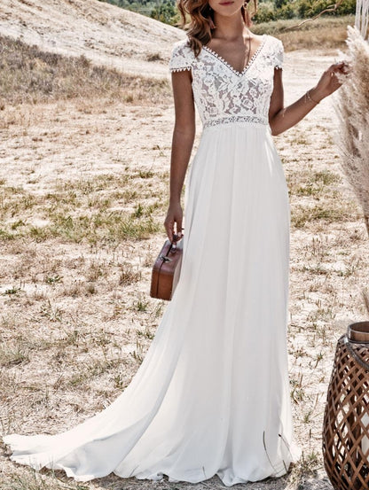 Ivory Wedding Dresses With Train V-Neck Backless Lace Long Boho Bridal Gown