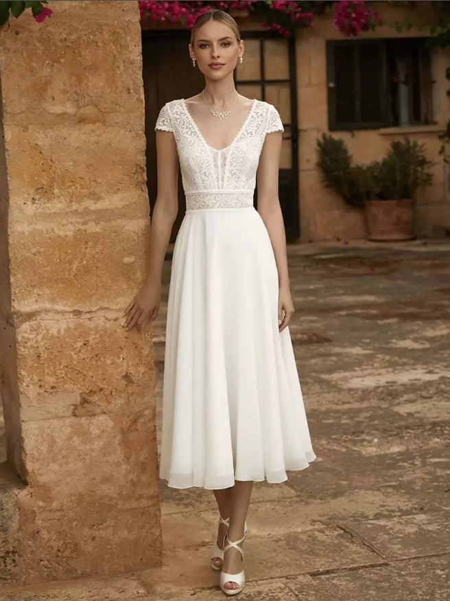 Wedding Dresses V-Neck Short Sleeves A-Line Tea-Length Bridal Gowns