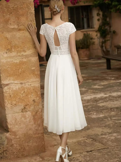 Wedding Dresses V-Neck Short Sleeves A-Line Tea-Length Bridal Gowns