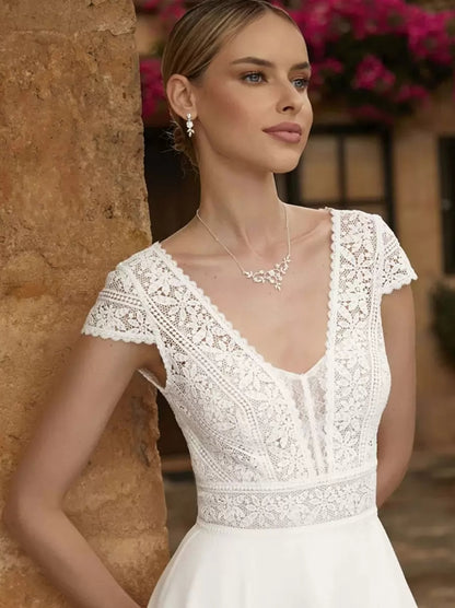 Wedding Dresses V-Neck Short Sleeves A-Line Tea-Length Bridal Gowns