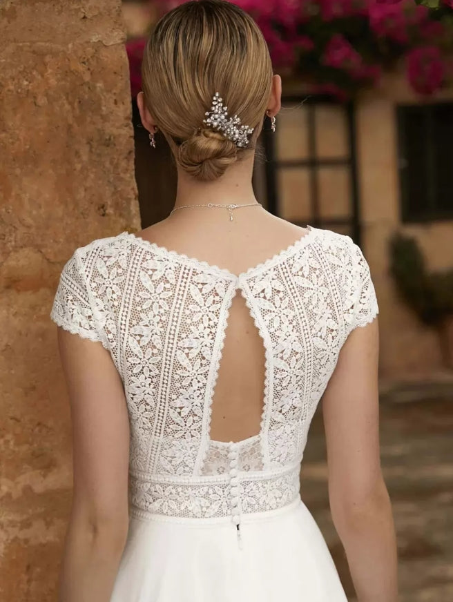 Wedding Dresses V-Neck Short Sleeves A-Line Tea-Length Bridal Gowns