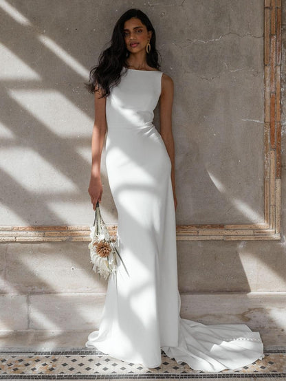 White Simple Mermaid Wedding Dress With Train Bateau Neck Sleeveless Backless Satin Bridal Dresses