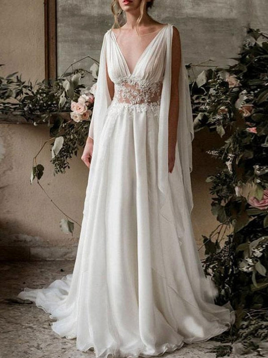 Ivory Wedding Dress Boho Wedding Dresses Chiffon V-Neck High Waist Sleeve Bridal Gown