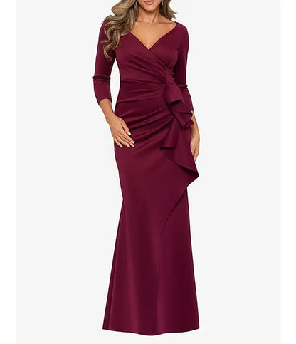 Stretch V-Neck 3/4 Sleeve Pleated Draped Gown Sheath Mother of the Bride Dresse