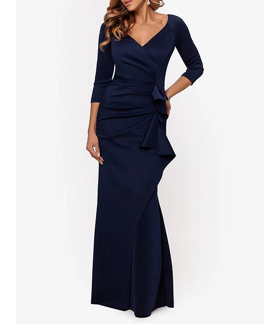 Stretch V-Neck 3/4 Sleeve Pleated Draped Gown Sheath Mother of the Bride Dresse