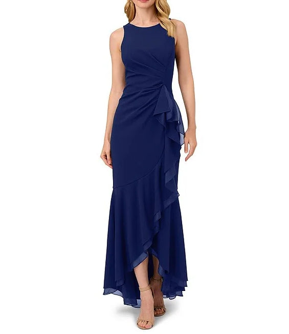 Crew Neck Sleeveless Ruffle High-Low Dress Sheath Chiffon Mother of the Bride Dresse