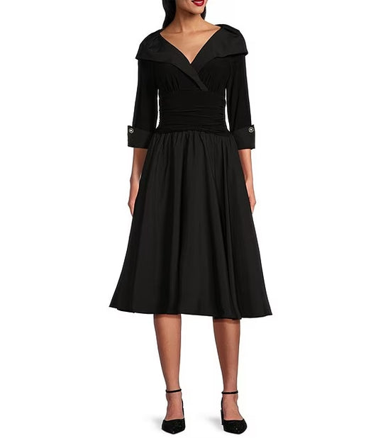 Taffeta 3/4 Sleeve Ruched A-Line Midi Dress Formal Mother of the Bride Dresse