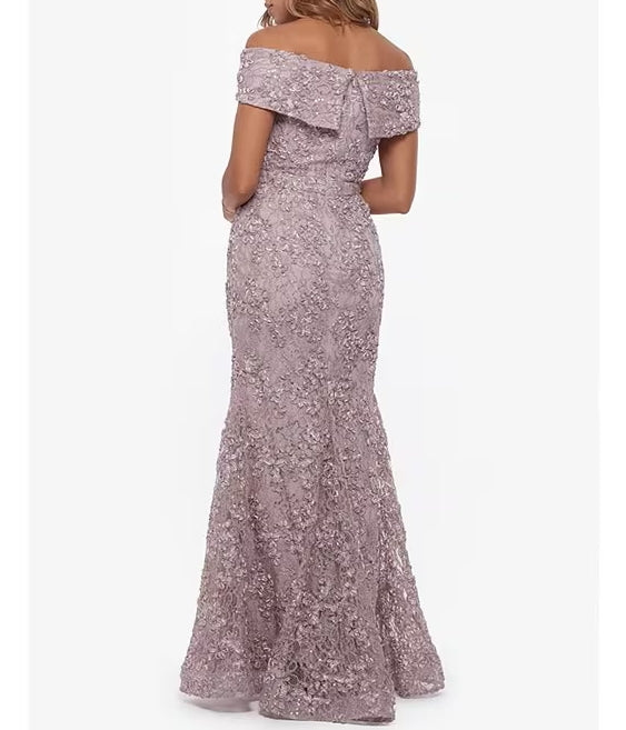 Embroidered Off-the-Shoulder Short Sleeve Lace A-line Mermaid Gown Mother of the Bride Dresse