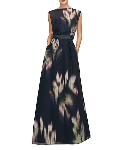 Floral Printed Chiffon Wedding Guest Party Dresses Boat Neck Sleeveless Keyhole Back Side Pocket Gown