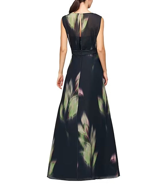 Floral Printed Chiffon Wedding Guest Party Dresses Boat Neck Sleeveless Keyhole Back Side Pocket Gown