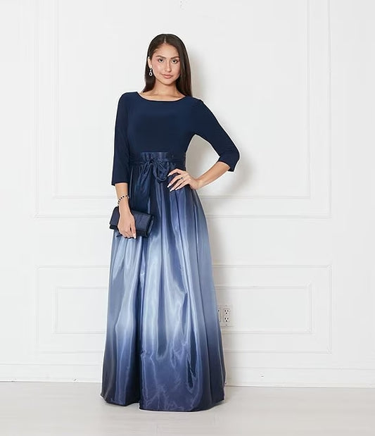 Ombre Satin Boat Neck 3/4 Sleeve Tie Waist Pocketed A-Line Ball Gown Wedding Guest Party Dresses