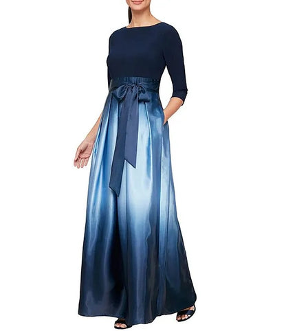 Ombre Satin Boat Neck 3/4 Sleeve Tie Waist Pocketed A-Line Ball Gown Wedding Guest Party Dresses