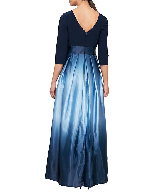 Ombre Satin Boat Neck 3/4 Sleeve Tie Waist Pocketed A-Line Ball Gown Wedding Guest Party Dresses